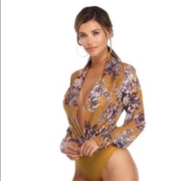 Mustard Wrapped Floral Bodysuit - Picture 2 of 2